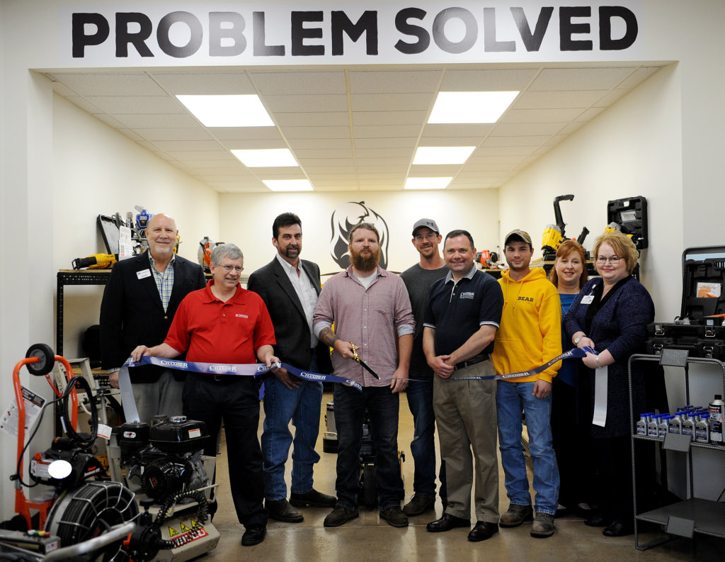 Bob Garrett, David Zartman, Tim Clark, Skyler Herb, Ryan Brezgel, Fred Gaffney, Cody Stine, Rep. Lynda Schlegel-Culver and Tea Jay Aikey cut the ribbon for Bear Rental.