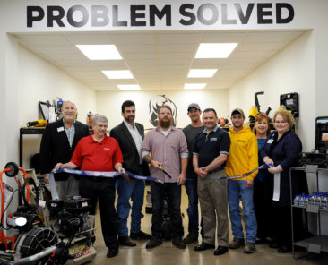 Bob Garrett, David Zartman, Tim Clark, Skyler Herb, Ryan Brezgel, Fred Gaffney, Cody Stine, Rep. Lynda Schlegel-Culver and Tea Jay Aikey cut the ribbon for Bear Rental.