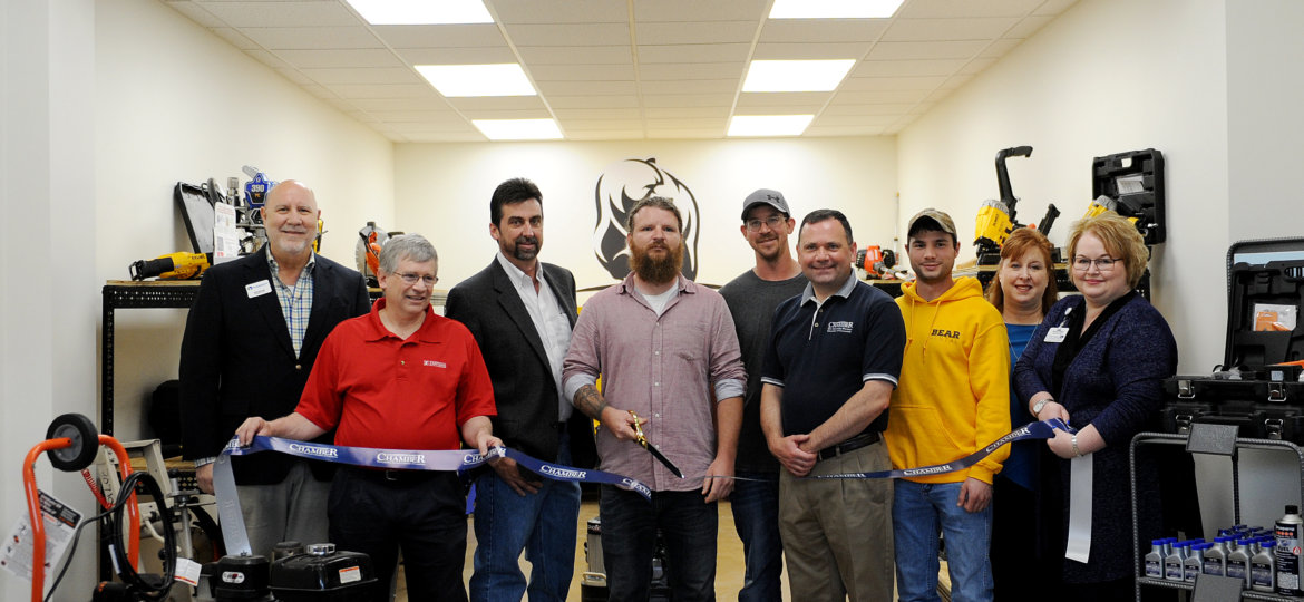 Bob Garrett, David Zartman, Tim Clark, Skyler Herb, Ryan Brezgel, Fred Gaffney, Cody Stine, Rep. Lynda Schlegel-Culver and Tea Jay Aikey cut the ribbon for Bear Rental.