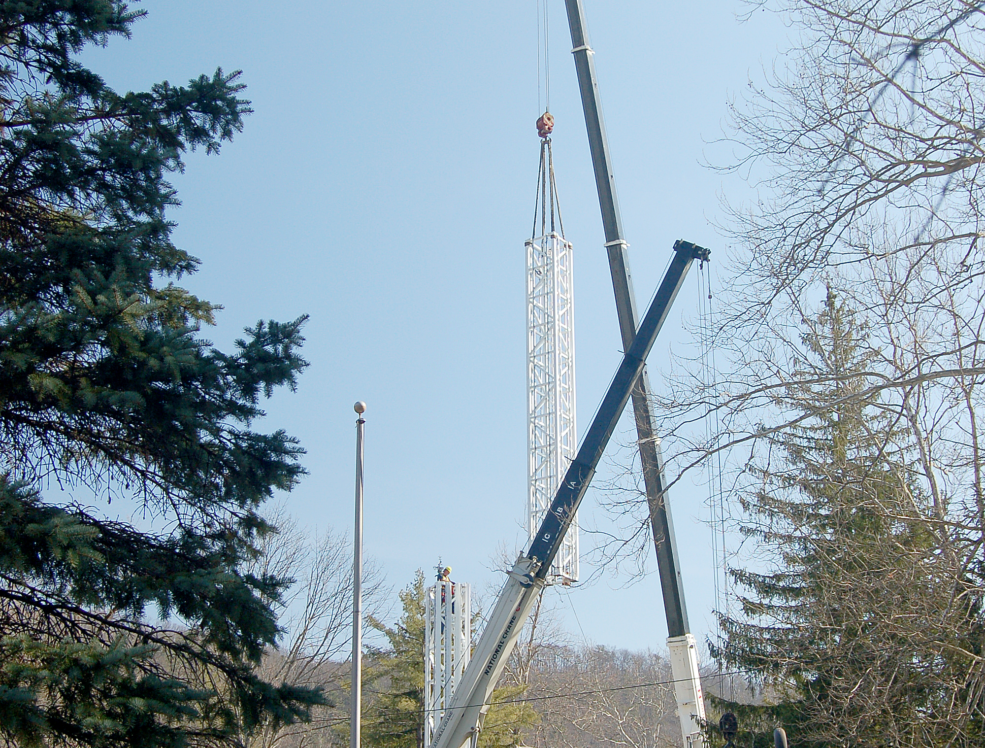 Part of the Stratos Fear is lifted into place at Knoebels Amusement Resort.